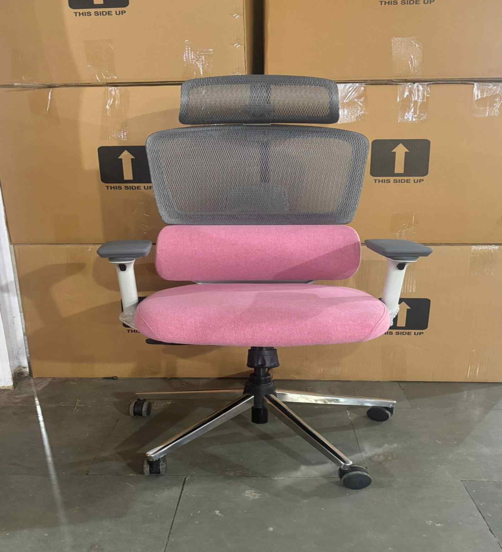Sama Pro High Back Ergonomic Chair with Multi-Lock Mechanism and Adjustable Headrest in White & Pink Colour