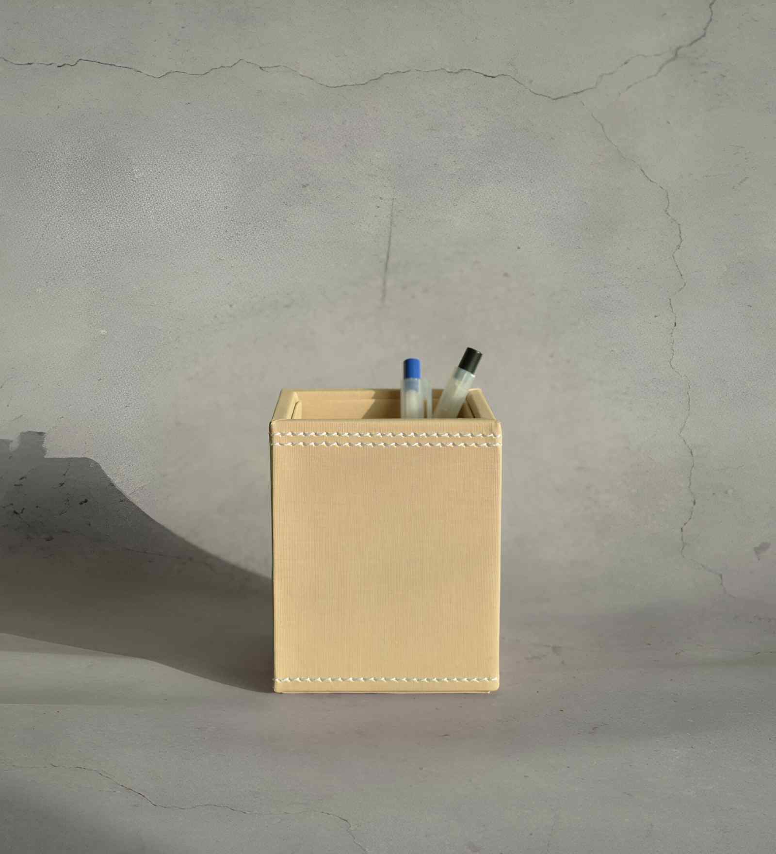 Sand Beige PU Leather Desk Organizer Pen Stand Stationery Holder Multipurpose Table Organizer