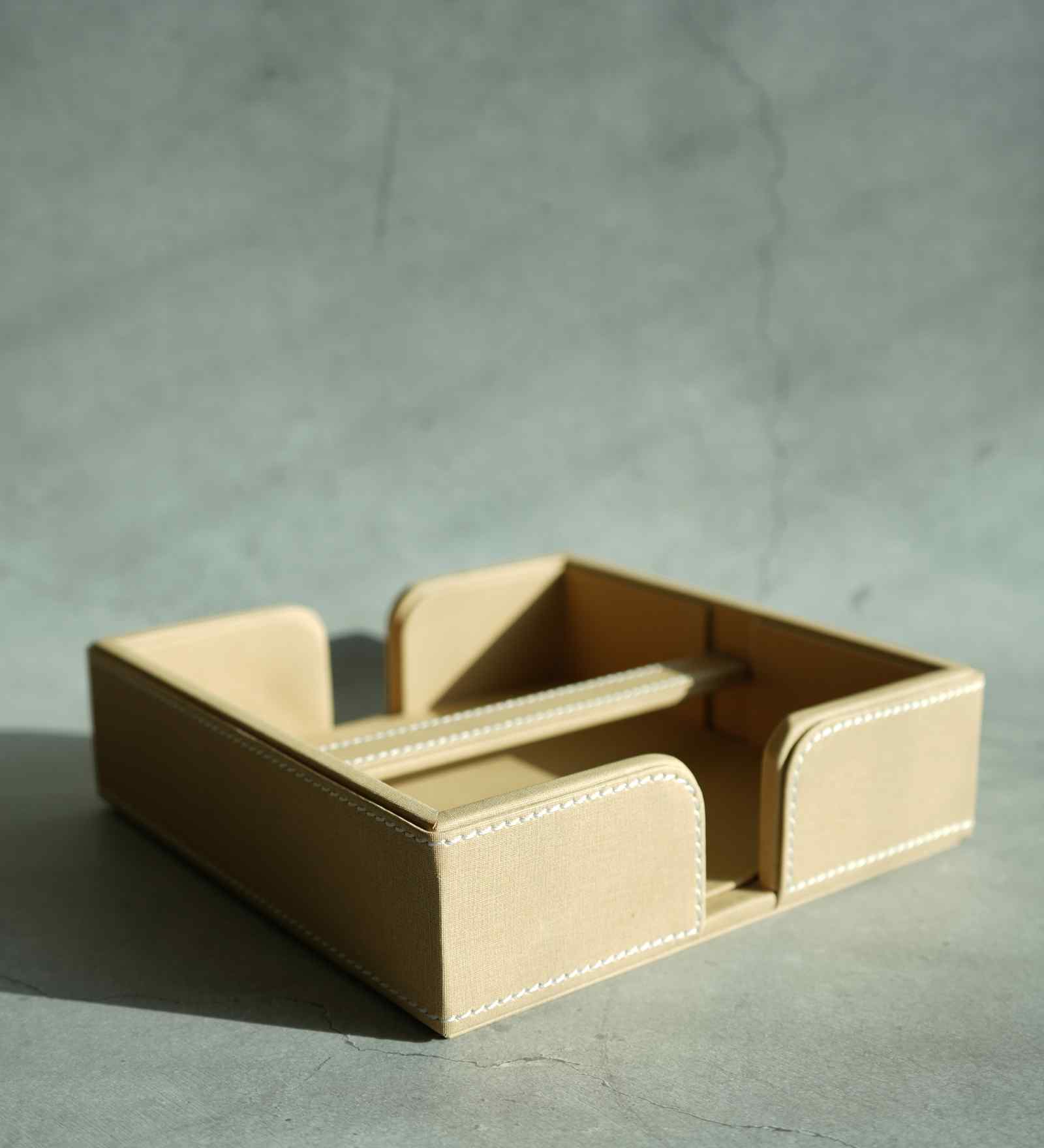 Sand Beige PU Leather Tissue Holder with Weighted Bar Design Elegant Tabletop Napkin Dispenser