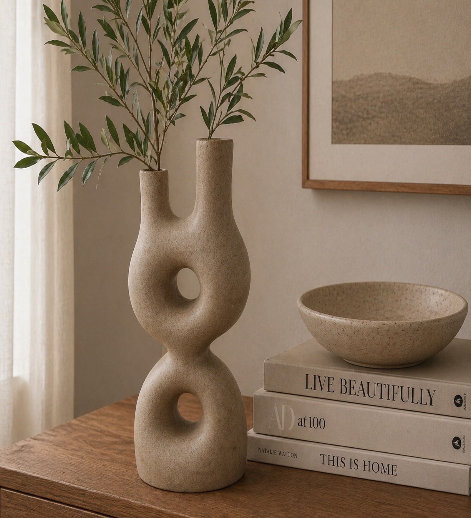Sand Finish Modern Abstract Dual Neck Decorative Vase