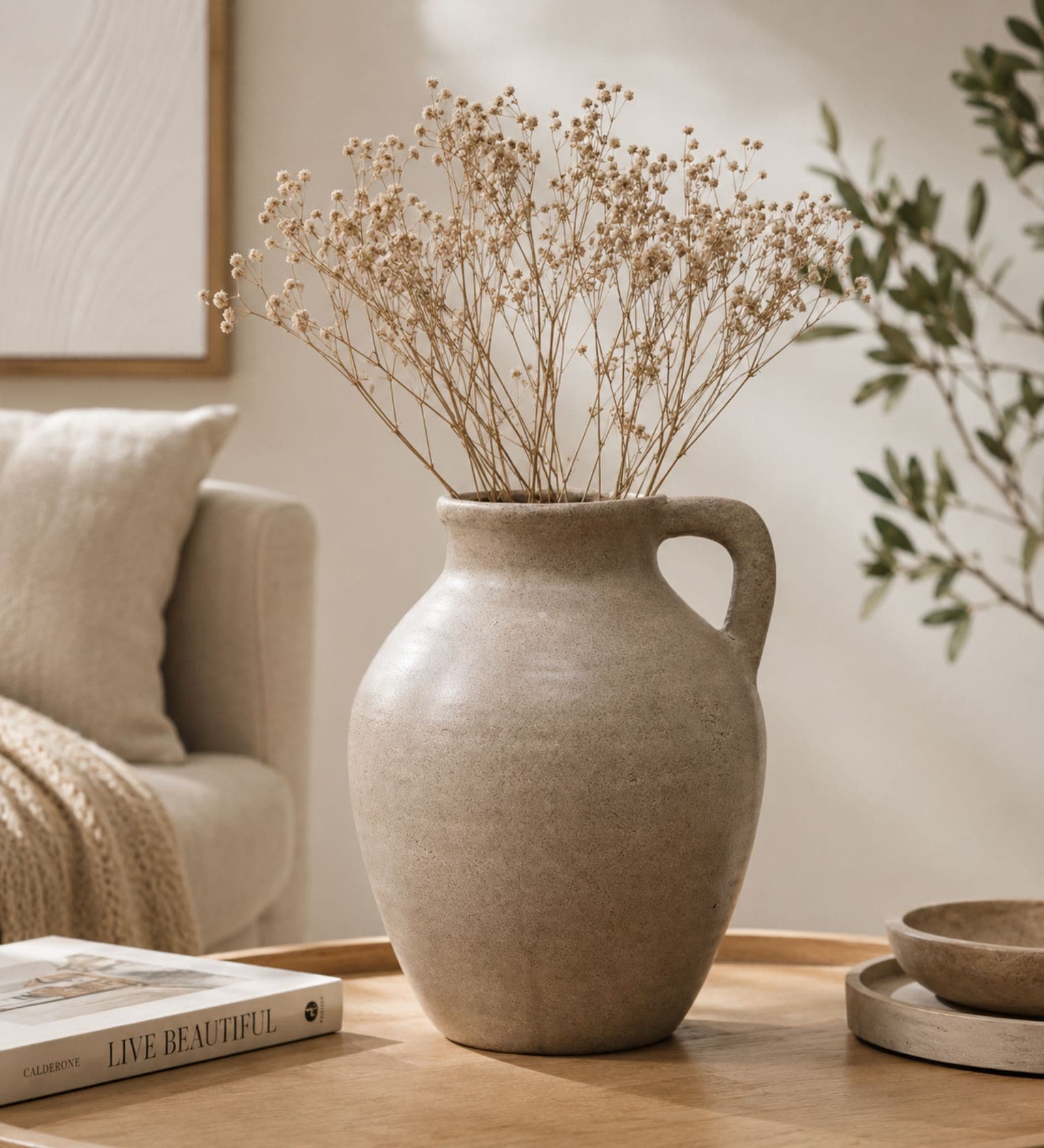 Sand Finish Rustic Minimalist Decorative Vase with Handle