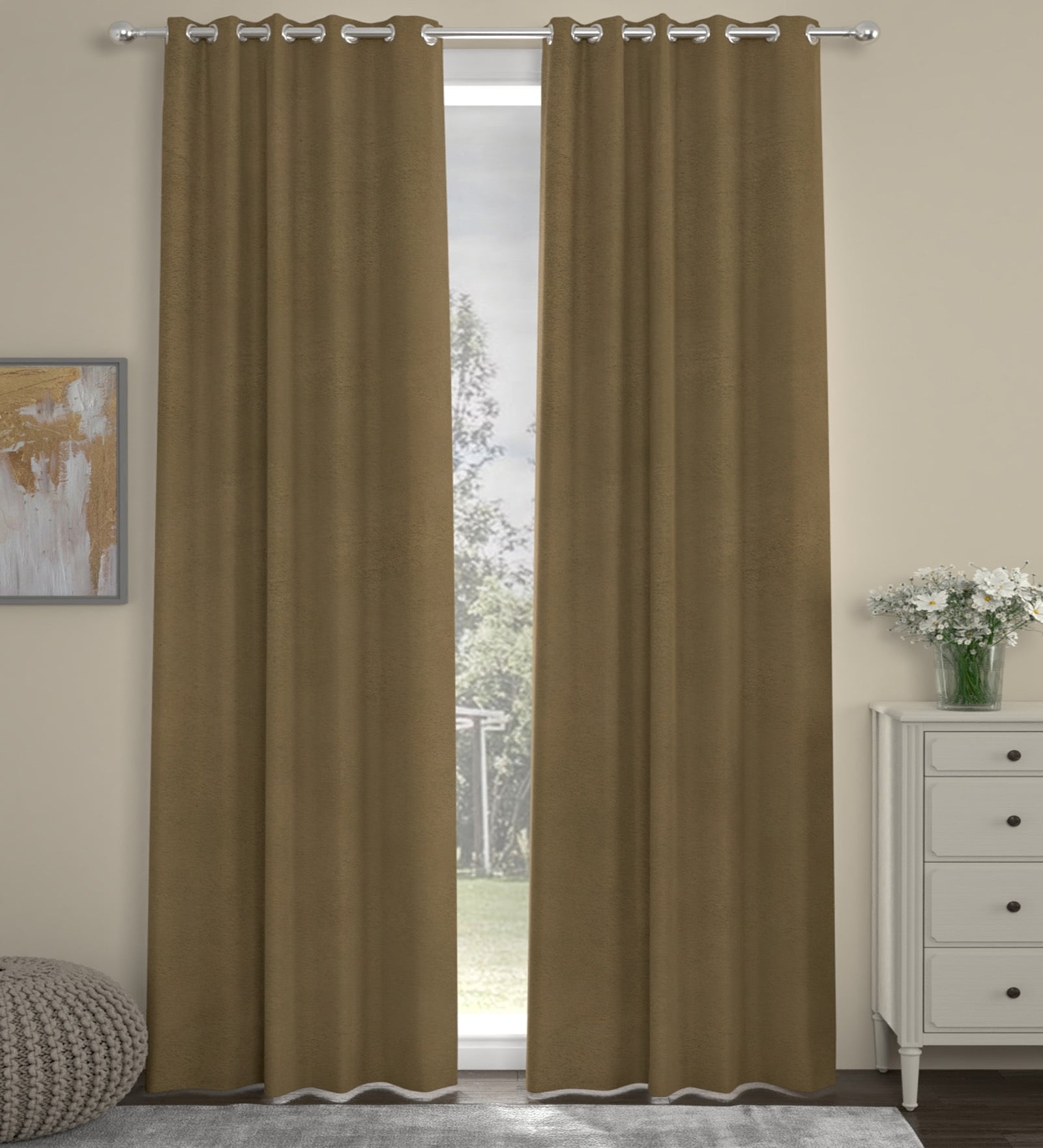Sand Velvet Solid 9ft Regular Eyelet Long Door Curtains (2 Pc)