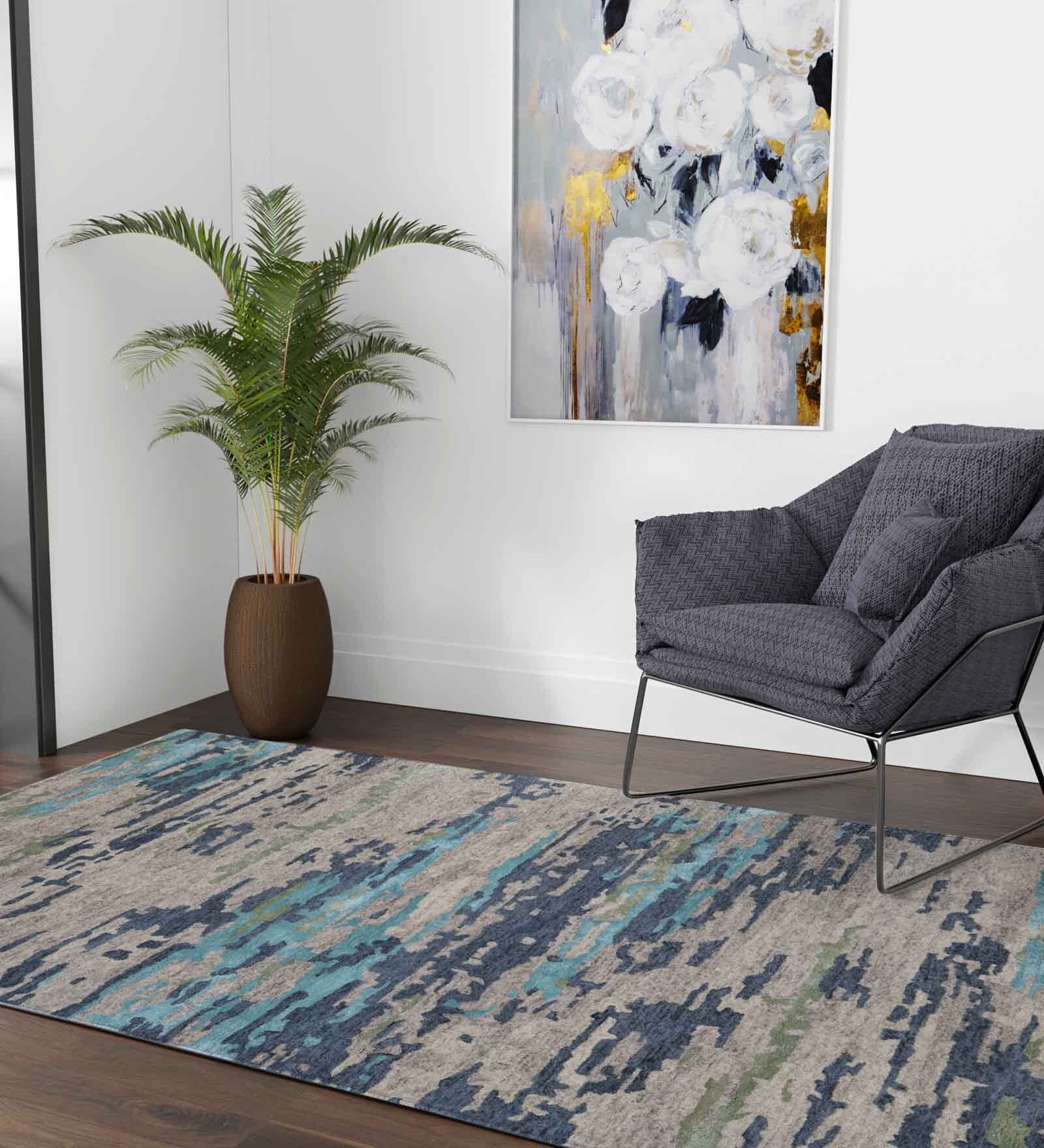 Blue Abstract Viscose 5 ft x 8 ft Hand Tufted Carpet