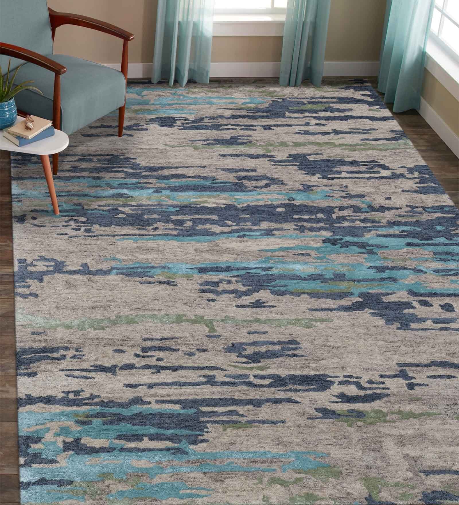 Blue Abstract Viscose 8 ft x 10 ft Hand Tufted Carpet