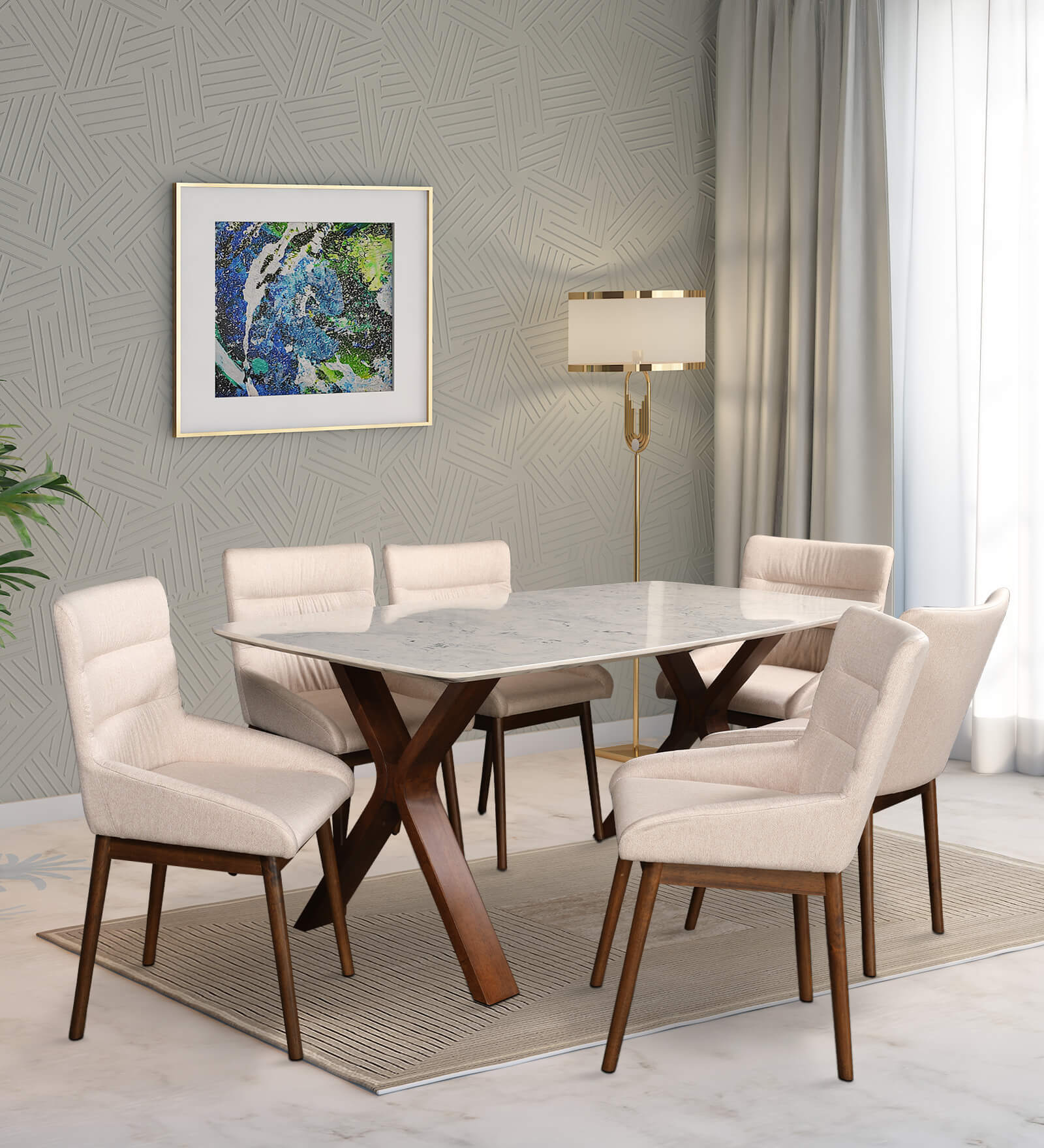 Sanddune Marble Top Six Seater Dining Table in Beige Colour
