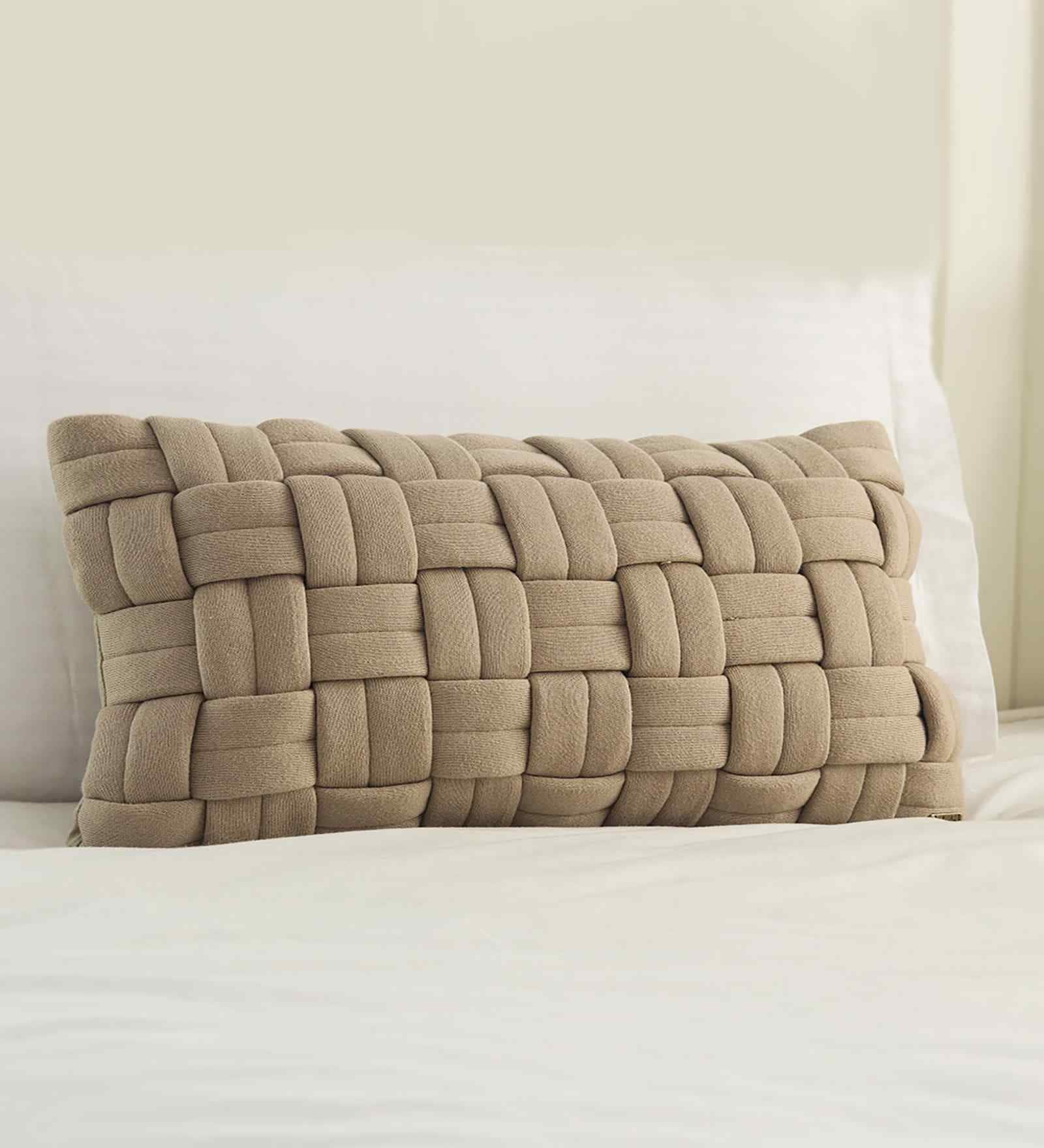 Sandy Brown 100% Cotton 12X20 Inches Knitted Cushion Cover With Filler