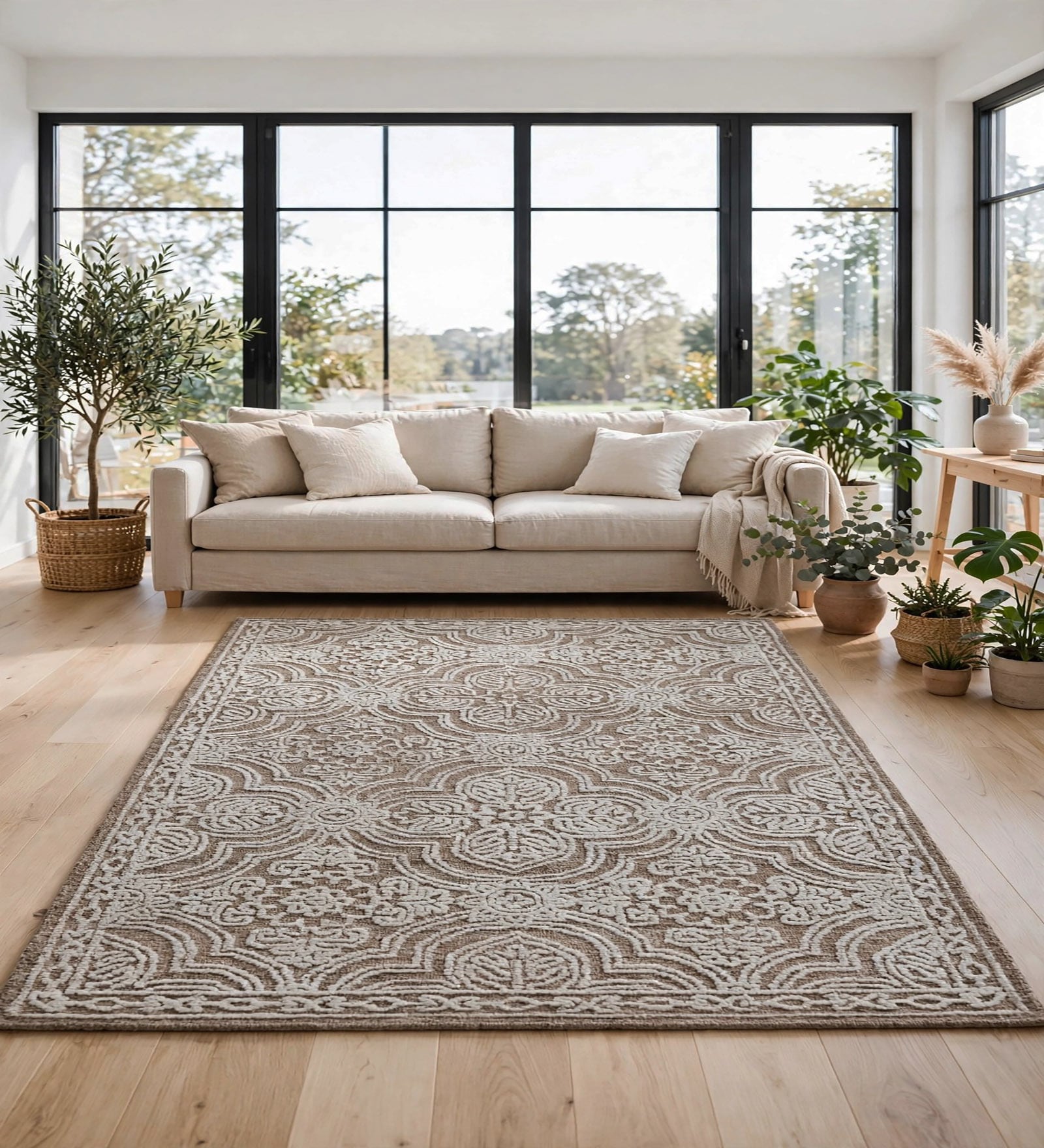 Sandy Brown Floral Wool And Cotton 8 X 5 Feet Hand Tufted Carpet