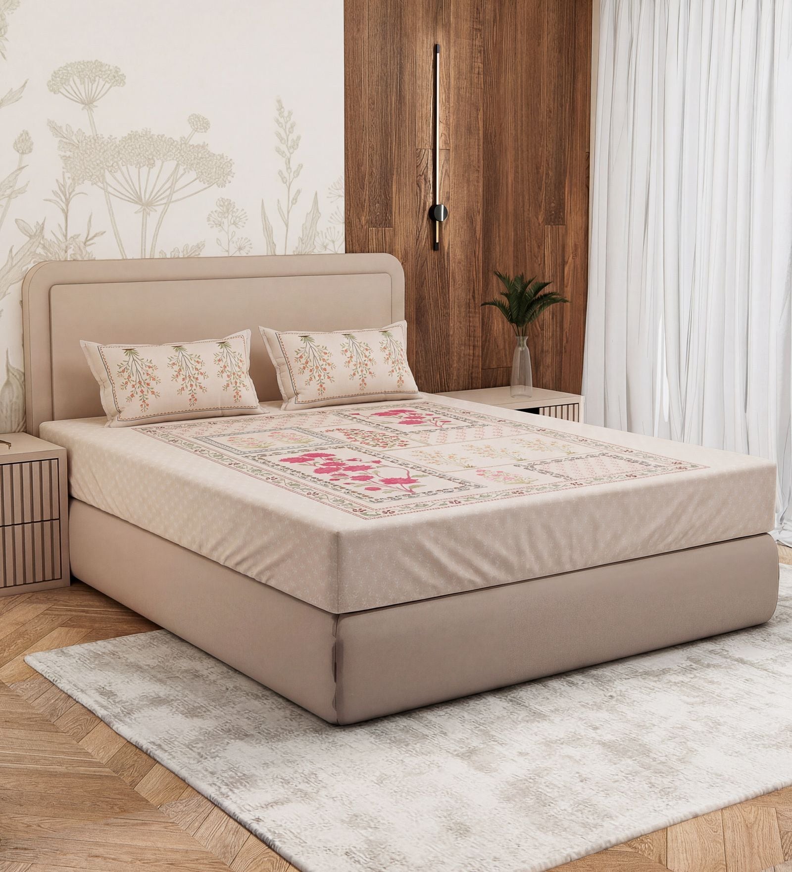 Beige Floral 180 TC Cotton King Sized Bedsheet With 2 Pillow Covers