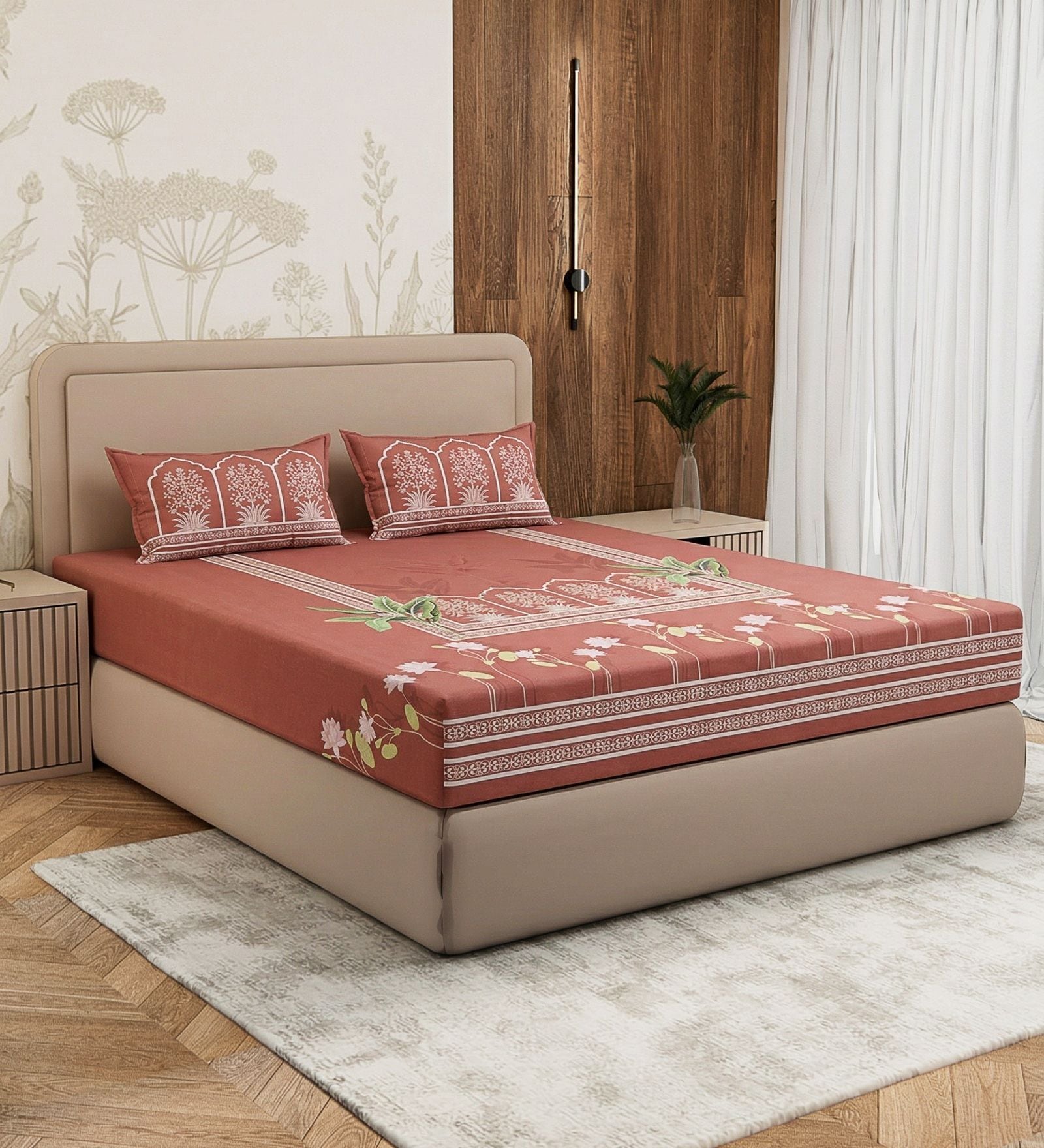 Brown Floral 180 TC Cotton King Sized Bedsheet With 2 Pillow Covers
