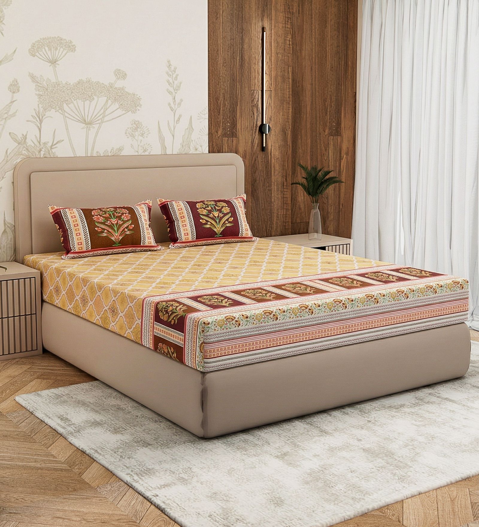 Mustard Floral 180 TC Cotton King Sized Bedsheet With 2 Pillow Covers