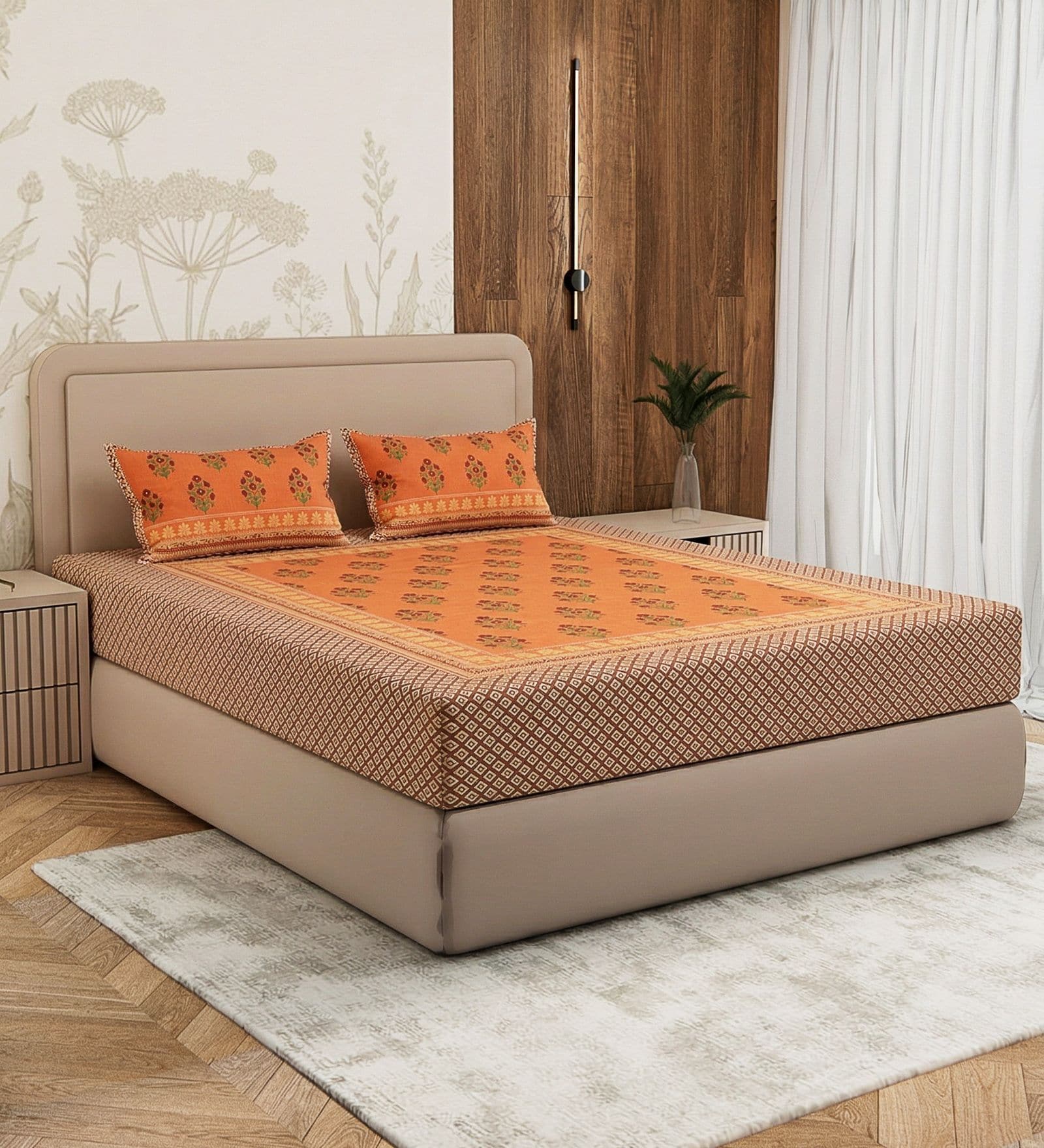 Orange Geometric 180 TC Cotton King Sized Bedsheet With 2 Pillow Covers