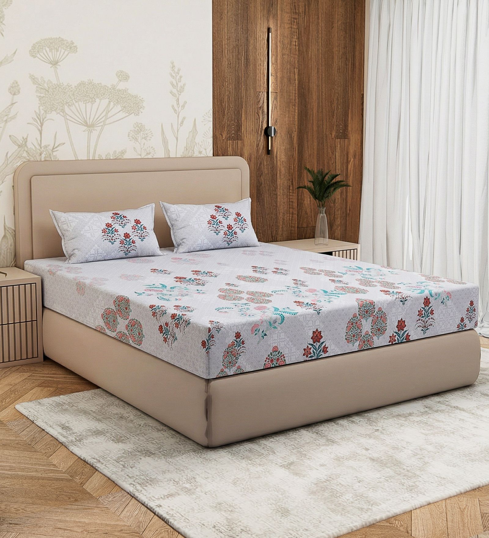 Grey Ornamental Block 180 TC Cotton King Sized Bedsheet With 2 Pillow Covers