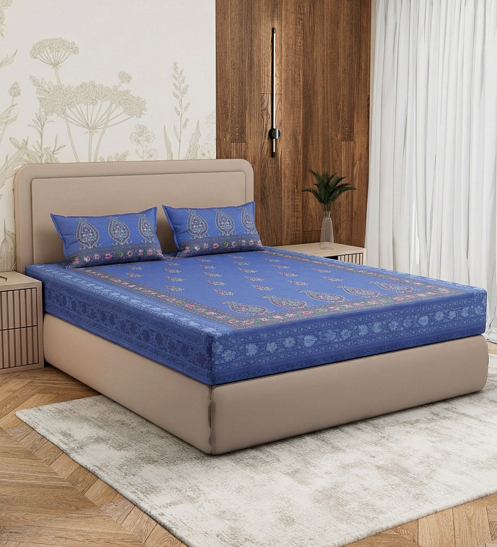 Blue Paisley & Floral 180 TC Cotton King Sized Bedsheet With 2 Pillow Covers