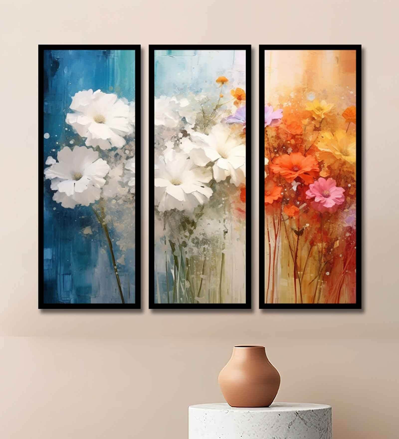 Sanlian Floral Set Of 3 Multicolour Engineered Wood Wall Art Panels