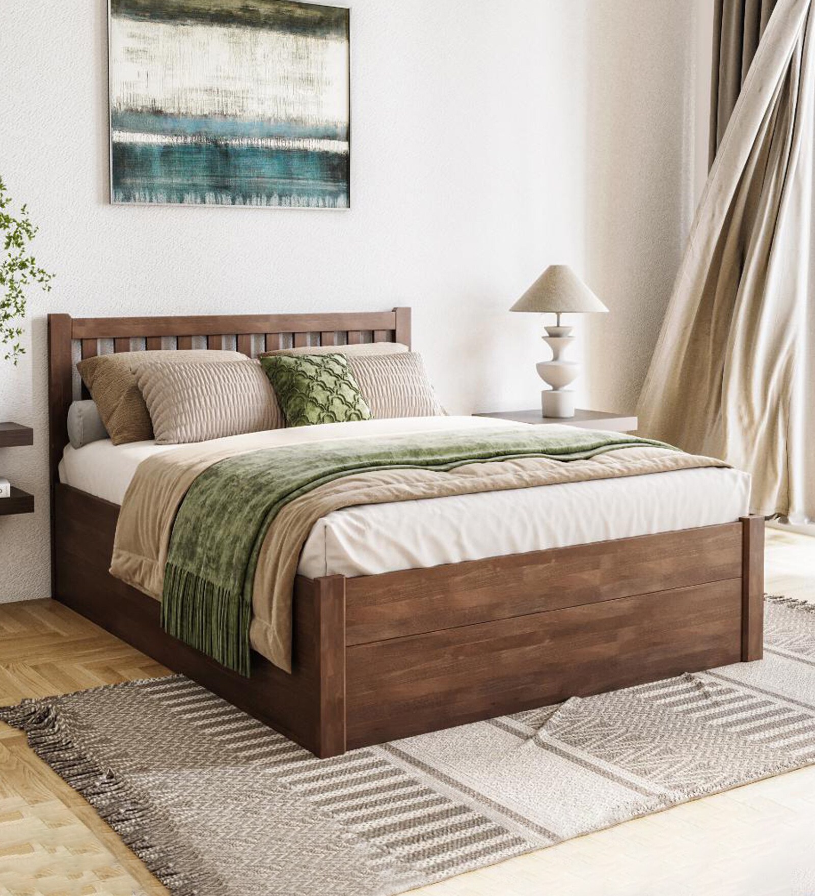 Buy Santam Solid Wood Queen Size Bed In Irish Walnut Colour With Box
