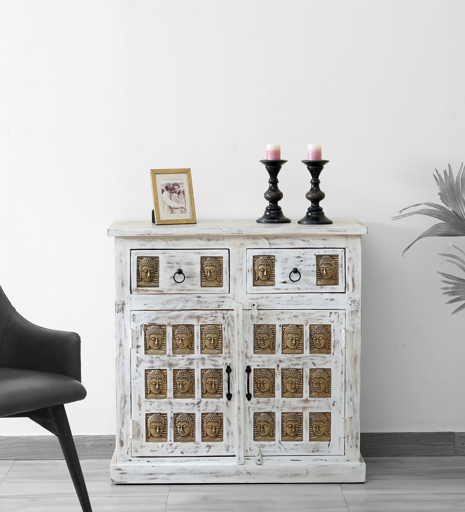 Santana Solid Wood Cabinet In Scratch Resistant White Distressed Finish