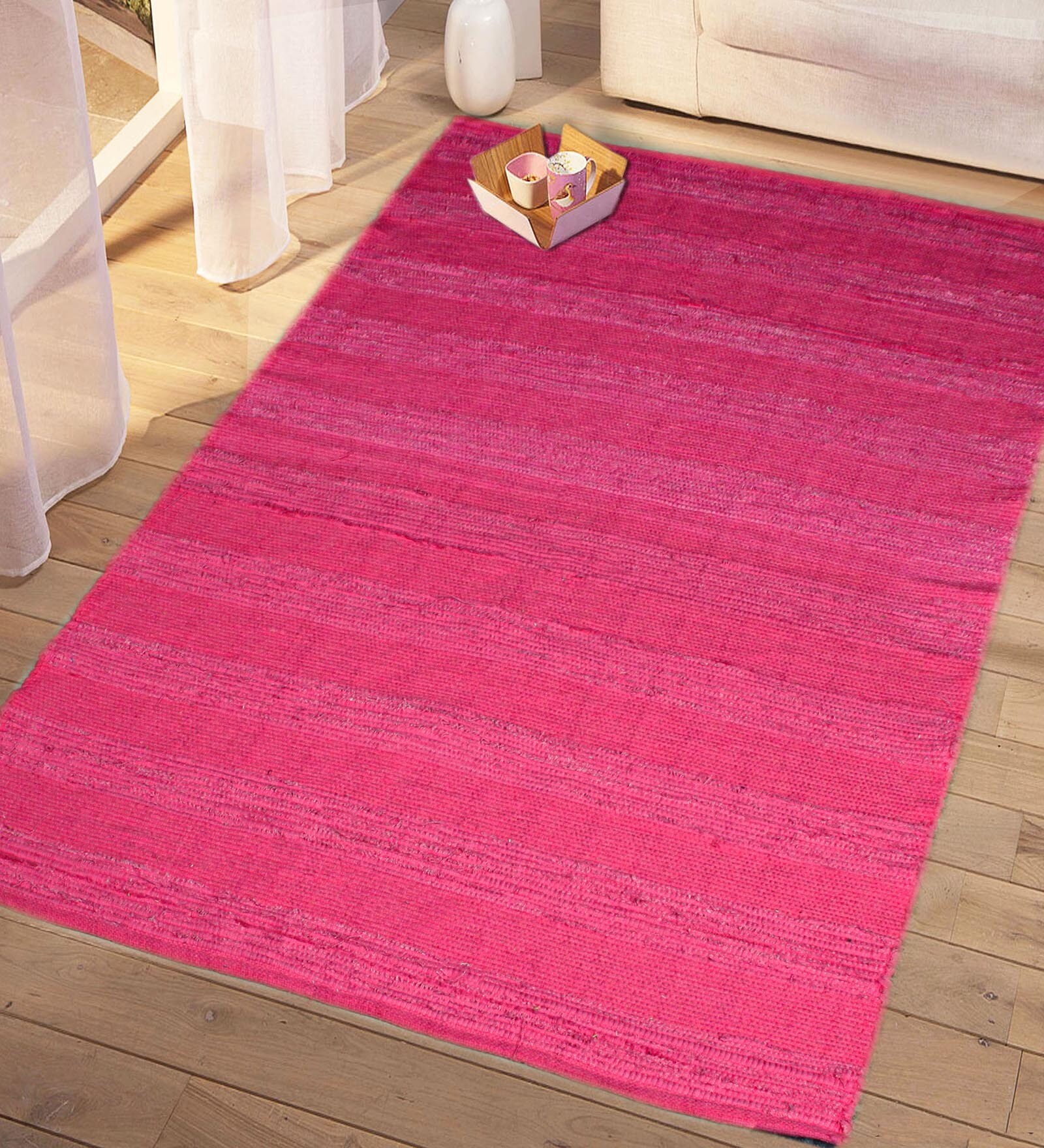 Pink Cotton 3 ft X 5 ft Hand Woven Dhurrie
