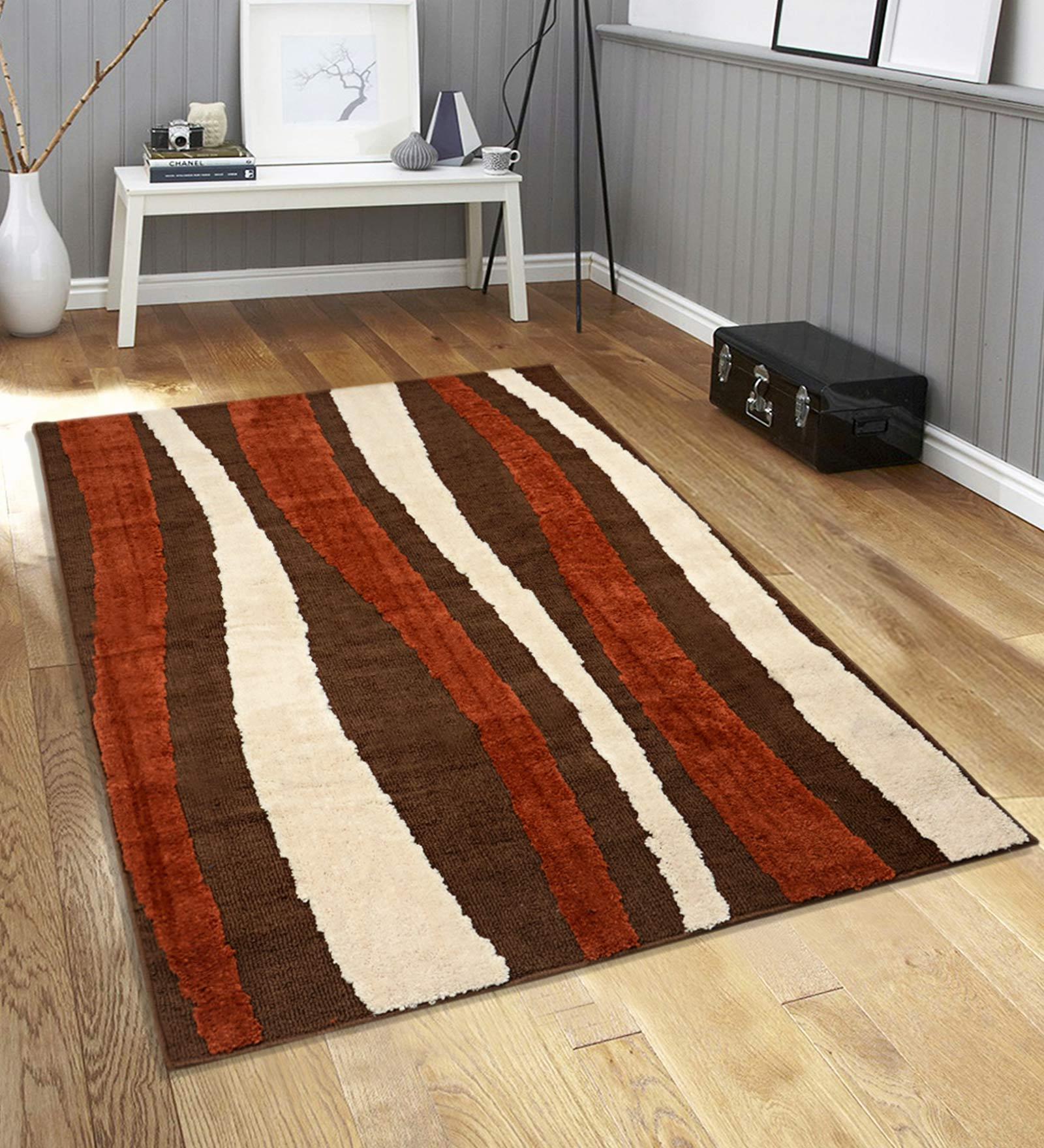 Brown Abstract Microfibre 3 ft x 5 ft Machine Made Carpet