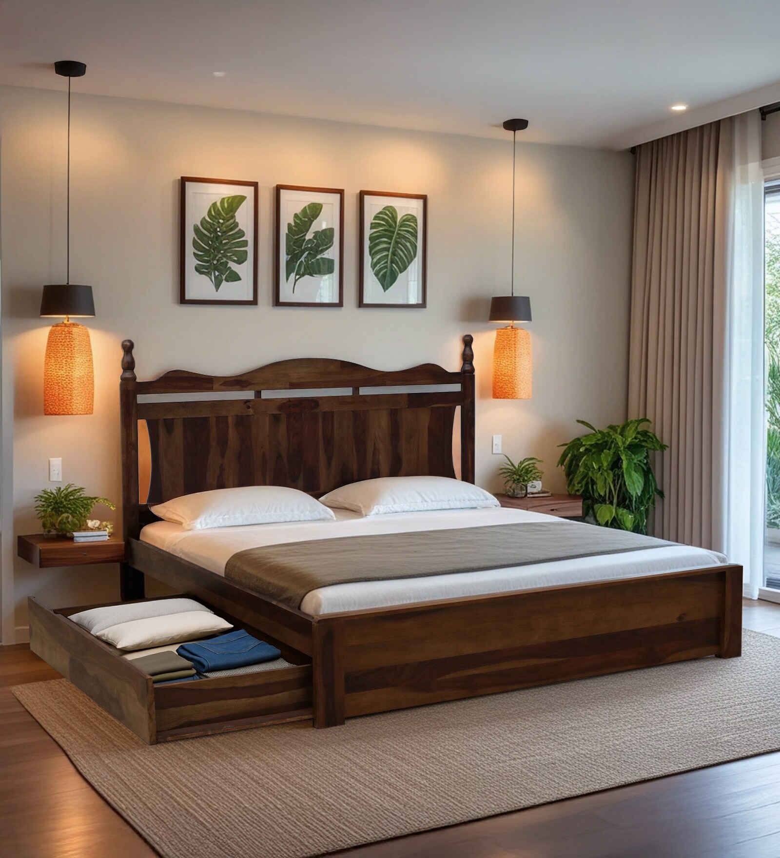 Sarni Sheesham Queen Size Bed In Scratch Resistant Provincial Teak Finish With Drawer Storage