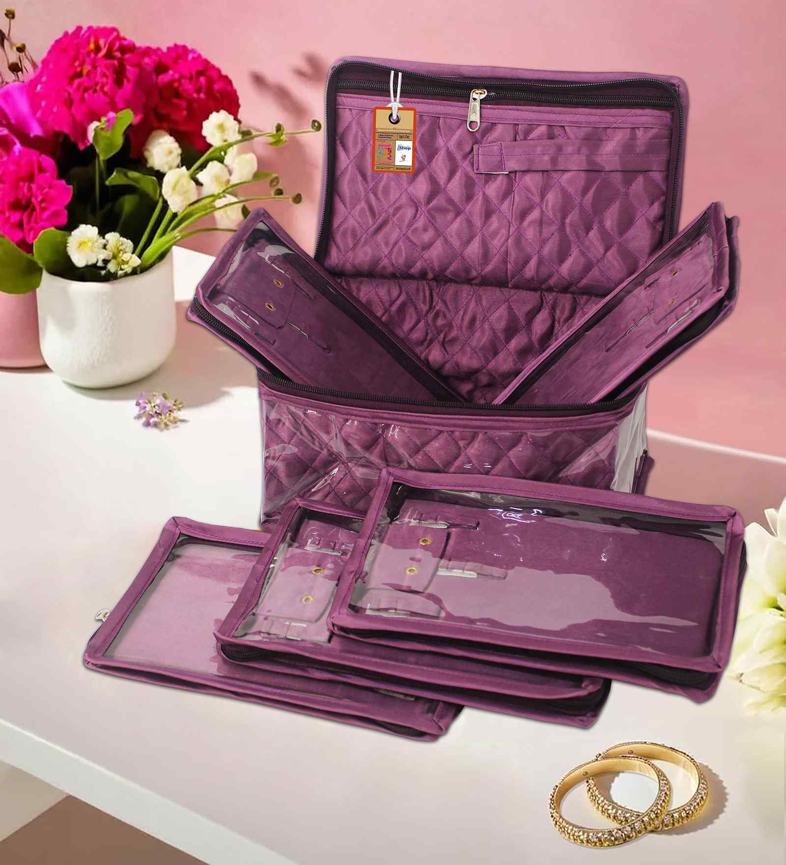Purple Satin Necklace Jewellery Organizer Bag with 5 Pouches