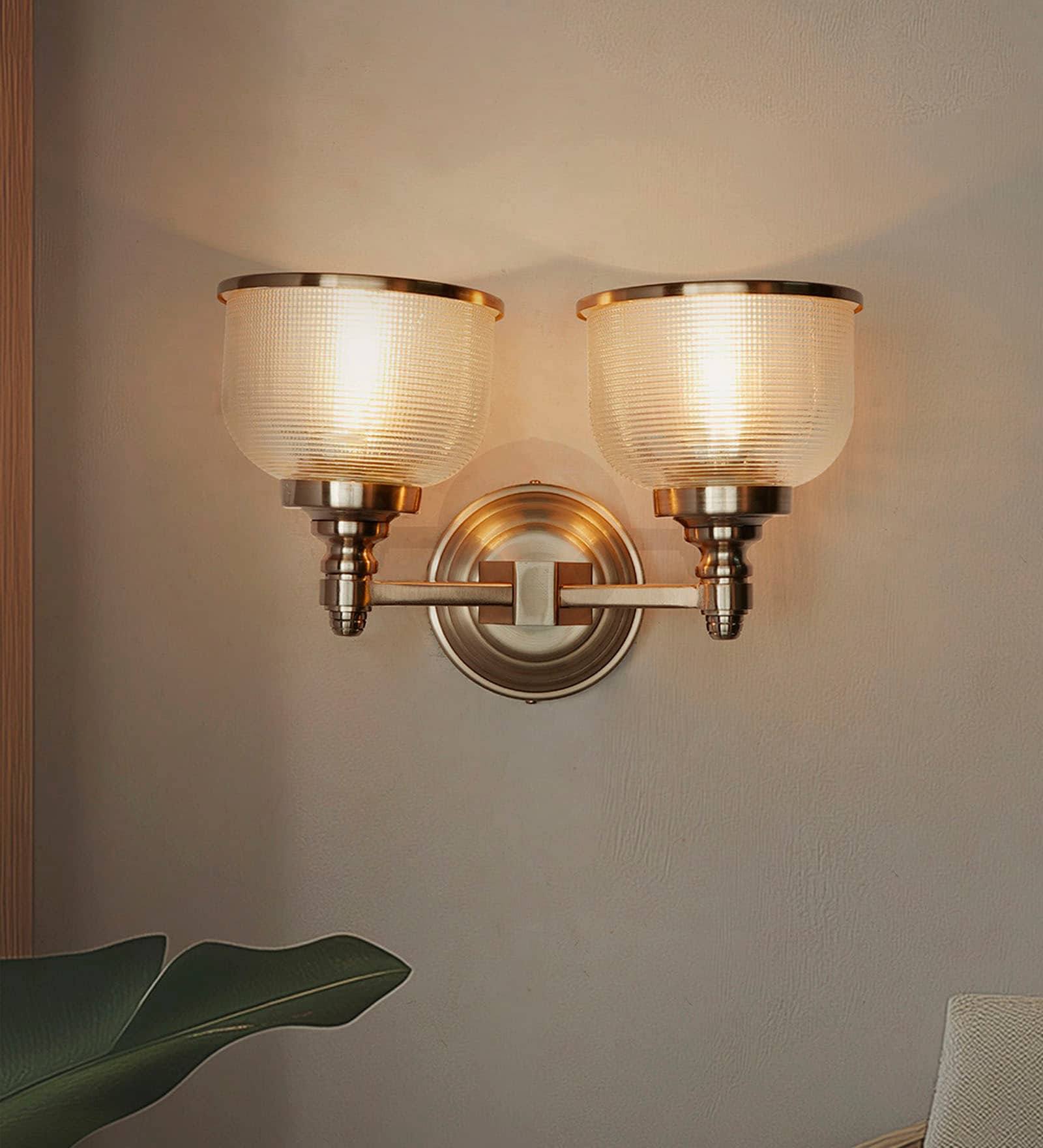 Satin Steel Double Wall Sconce with Rimmed Glass Shades