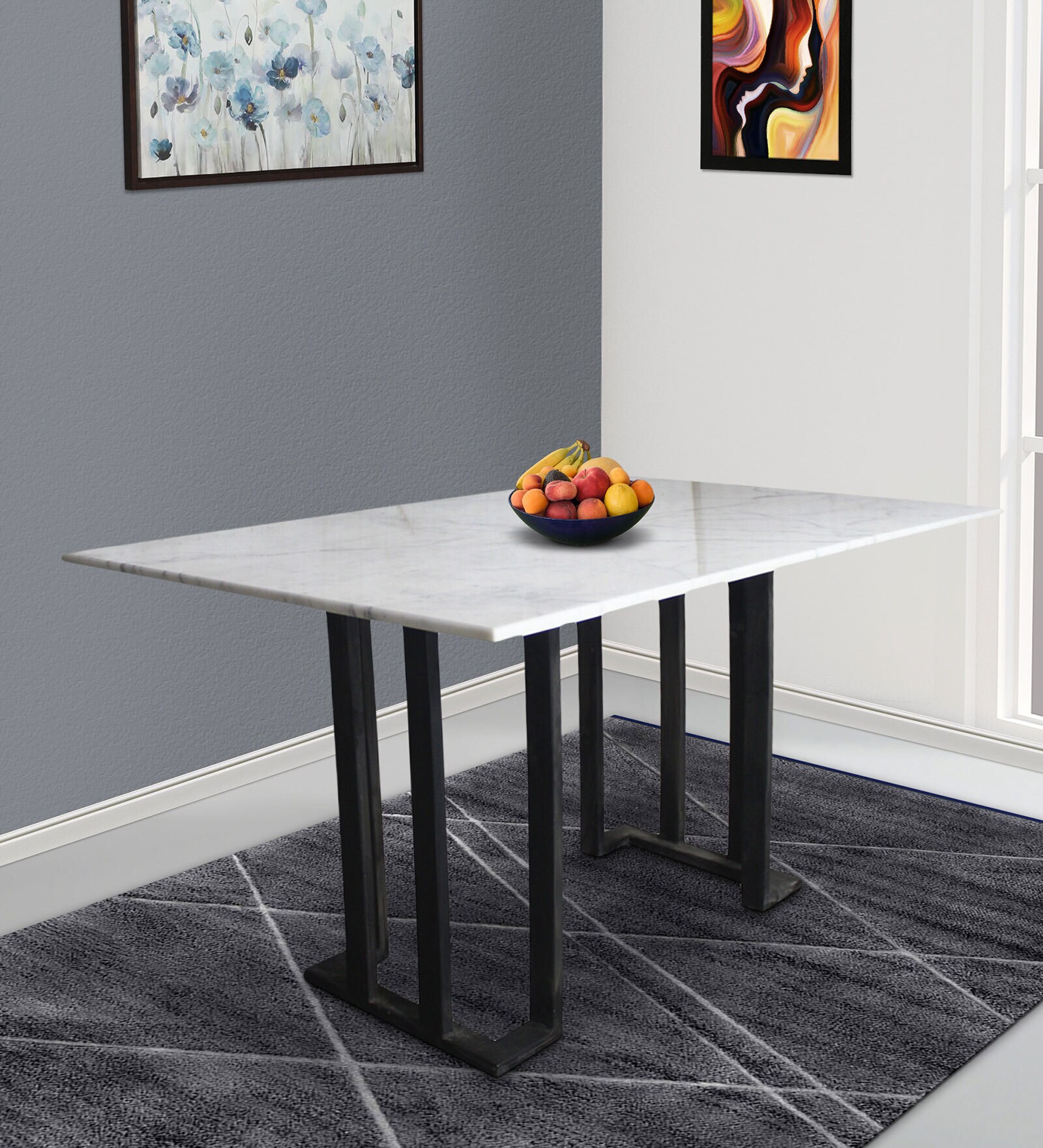 Satvario Metal 6 Seater Dining Table in White & Grey Finish with Marble Top