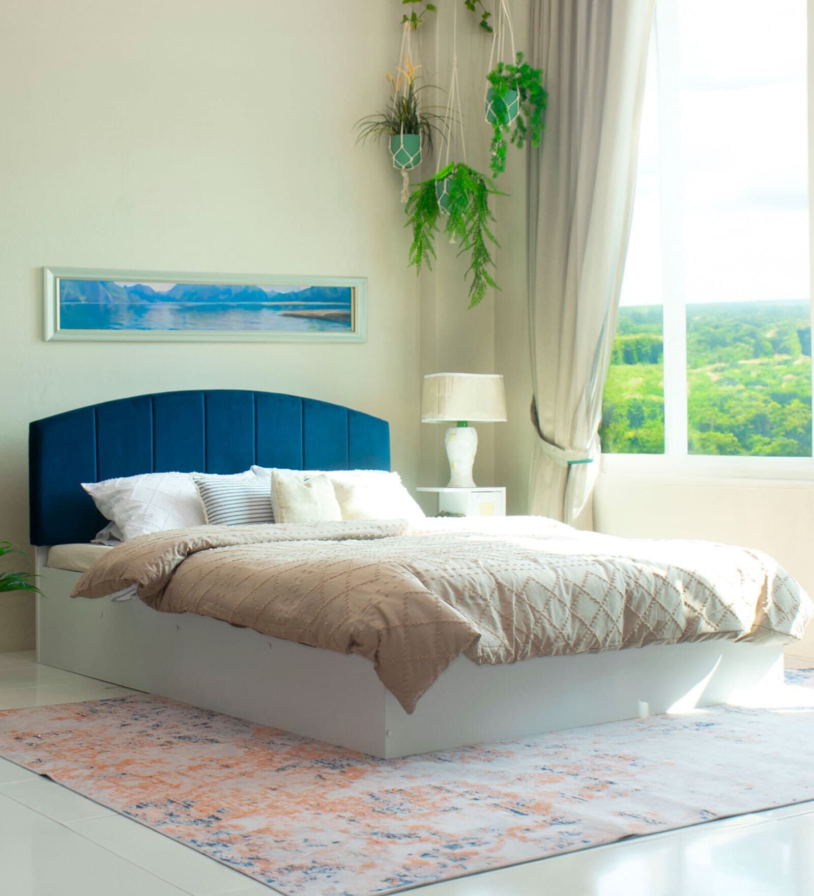Satya  Queen Size Upholstered Bed In Blue Colour & White Colour With Box Storage