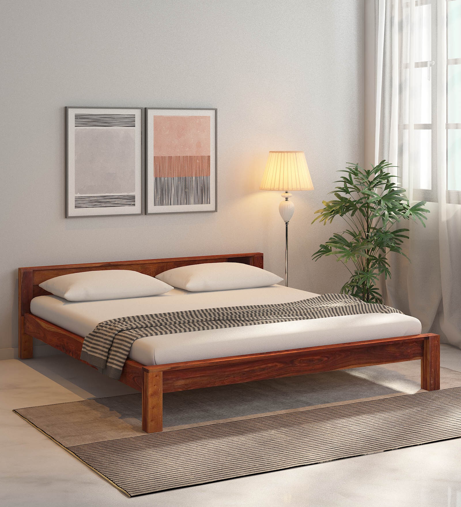 Ufa Sheesham Wood King Size Bed in Scratch Resistant Honey Oak Finish