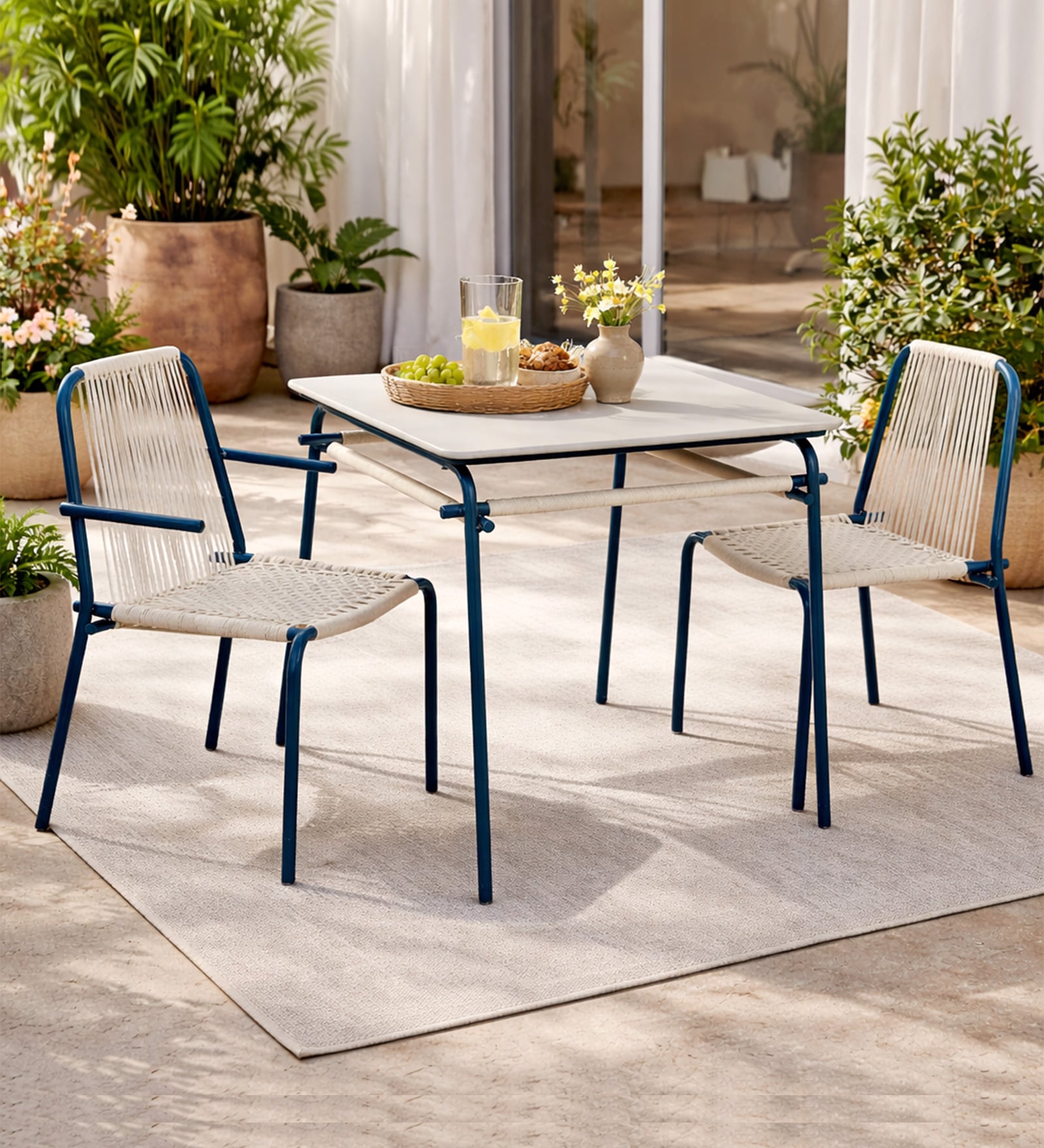 Sayfried Metal 2 Seater Outdoor Dining Set in Olive Blue Colour with Marble Top