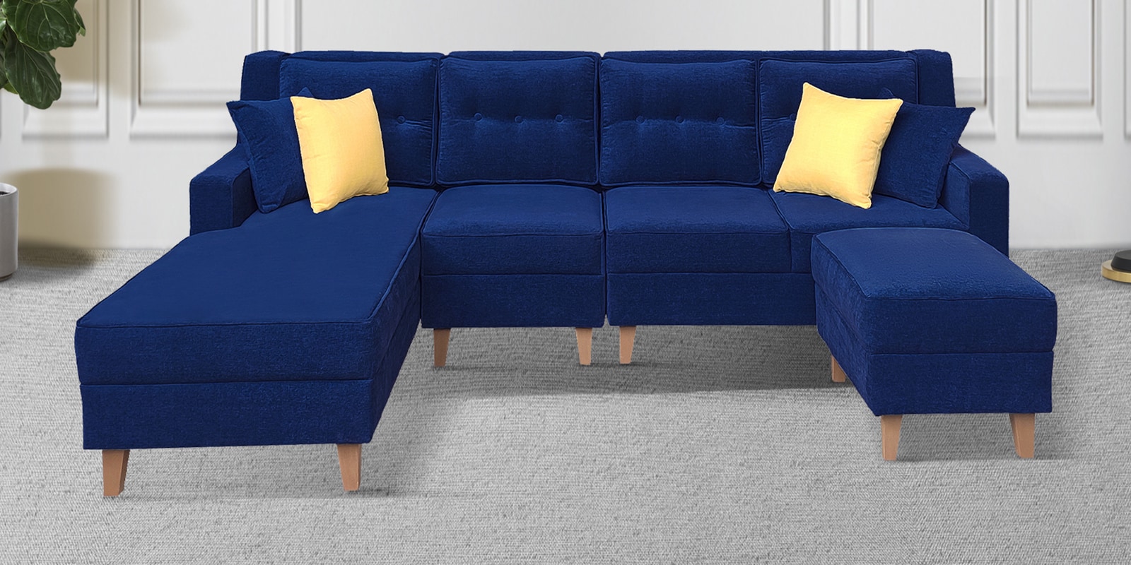 Santiago Fabric 6 Seater RHS Sectional Sofa with Ottoman in Blue Colour