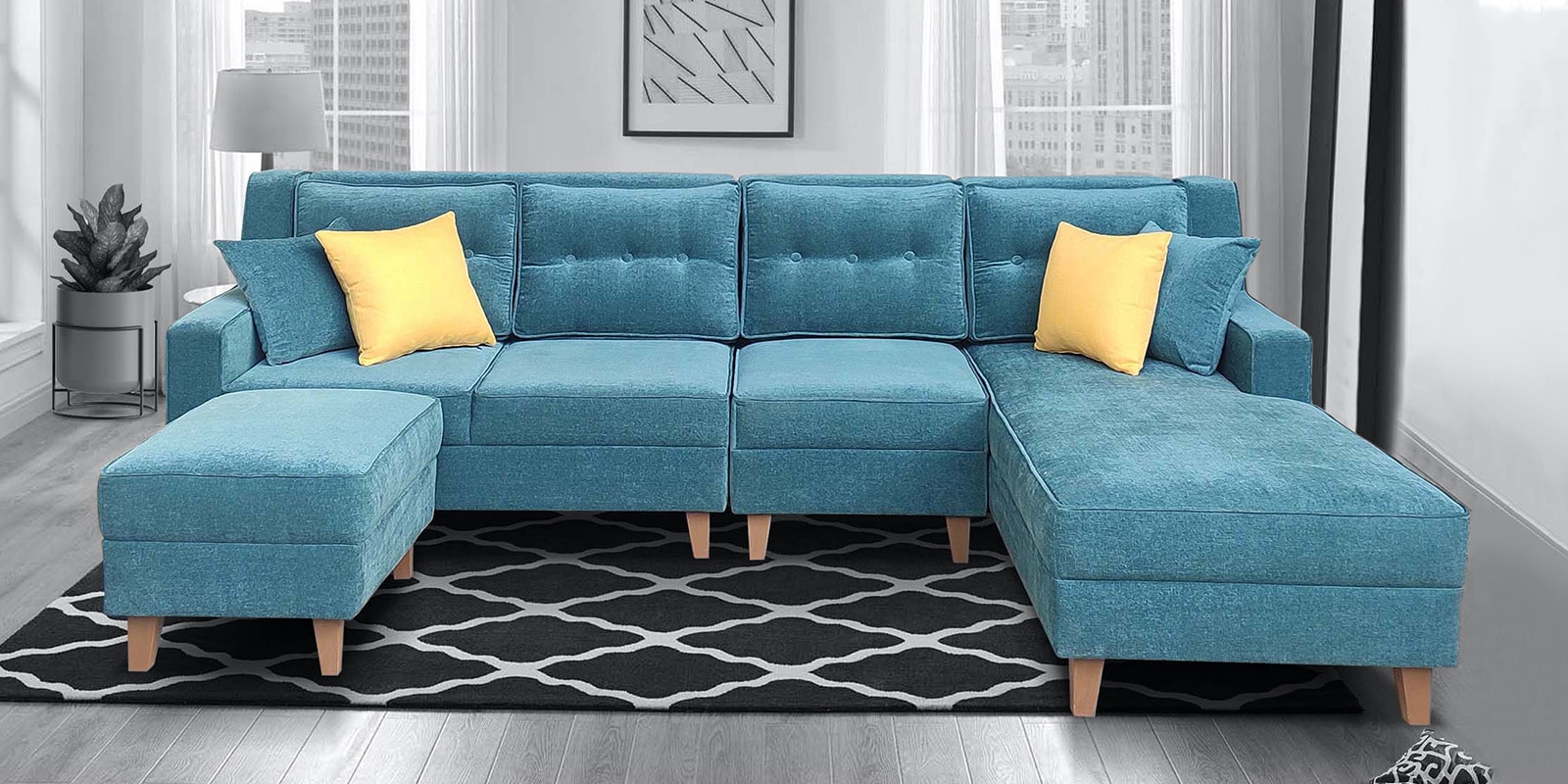 Santiago Fabric 6 Seater LHS Sectional Sofa with Ottoman in Green Colour