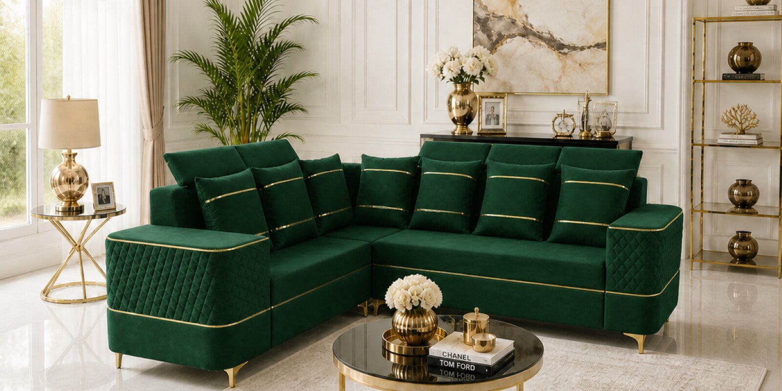 Sapphire 6 Seater Corner Sofa In Green Color