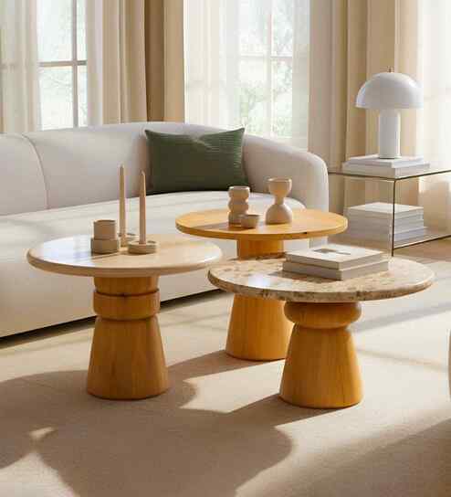 Saanra Marble Top Coffee Table Set Of 3 In Light Mango Finish