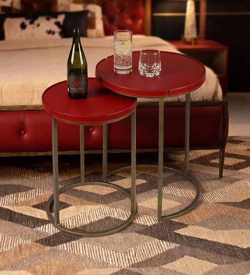 Sable Leather Nest Of Tables In Red Finish (Set Of Two)