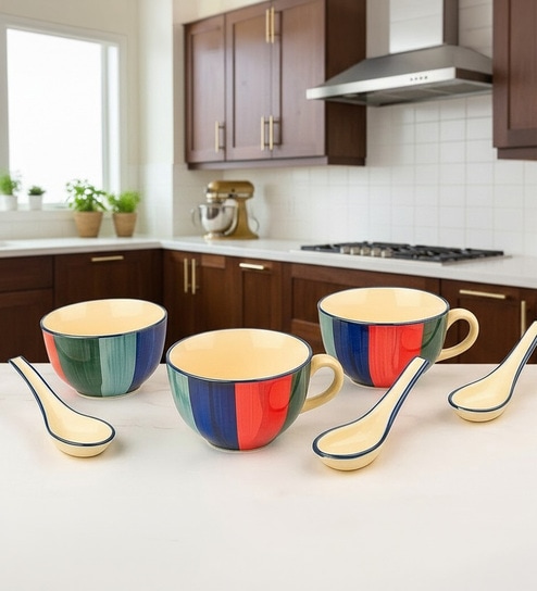 Saffron Indigo Delight Ceramic Bowl Set of 3(300ml Each)
