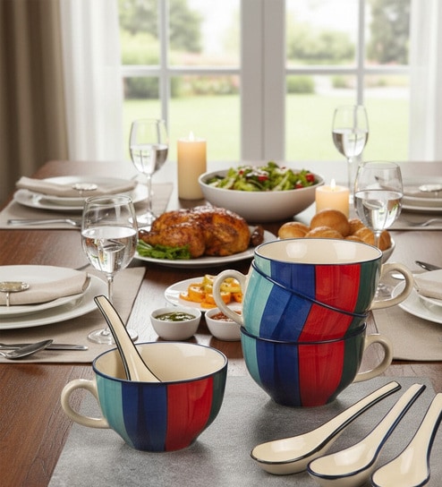 Saffron Indigo Delight Ceramic Bowl Set of 4(300ml Each)
