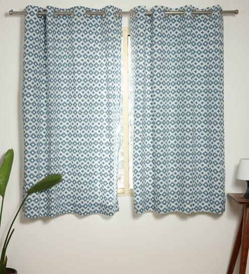 Safi Blue Cotton 230 GSM  Geometric 5 Feet Room Darkening Eyelet Window Curtains (2 Pc)