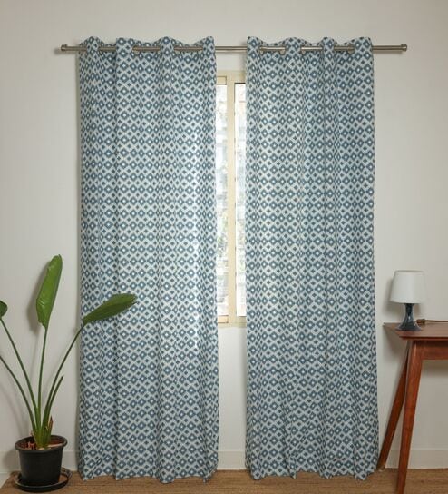 Safi Blue Cotton 230 GSM  Geometric 9 Feet Room Darkening Eyelet Long Door Curtains (2 Pc)