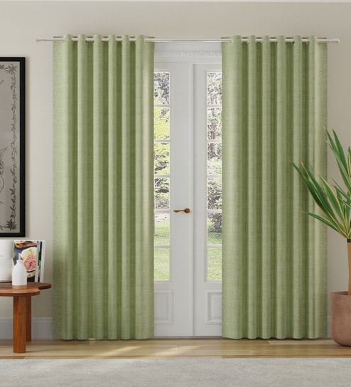 Sage Green Polyester Solid Jacquard 7ft Room Darkening Eyelet Door Curtains (2 Pc)
