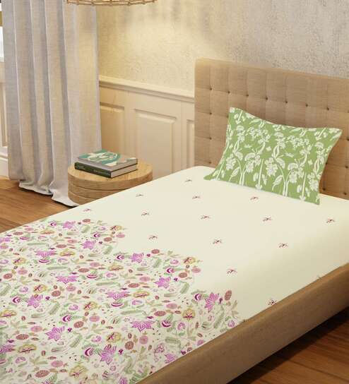 Sage Green Floral 200 TC Cotton Single Bedsheet with 1 Pillow Cover