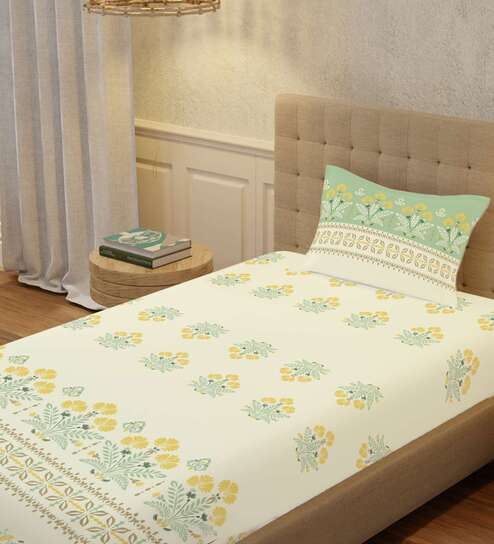 Sage Green Floral 200 TC Cotton Single Bedsheet with 1 Pillow Cover