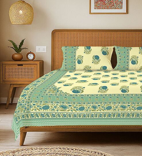 Sage Green Floral 240 TC Cotton King Sized Bedsheet with 2 Pillow Covers