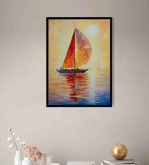 Sailing Boat Multicolour Synthetic Wood Framed Canvas Wall Painting