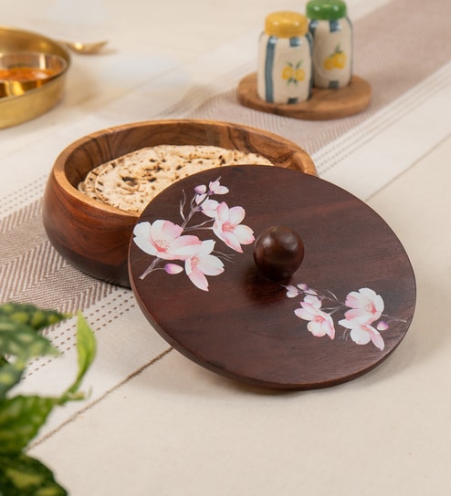 Sakura Roti Box Handcrafted Acacia Wood Casserole Traditional Chapati Box