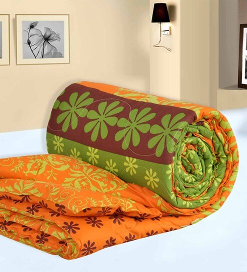 Salona Bichona Orange And Green Floral Double Comforter By Salona