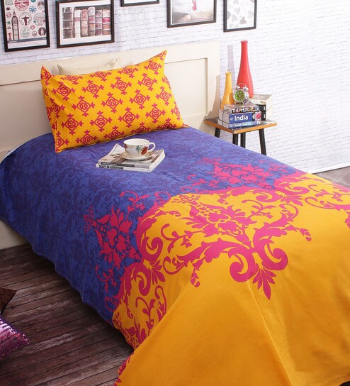 Buy Salona Bichona Blue Cotton 86 X 60 Inch Single Bed Sheet With