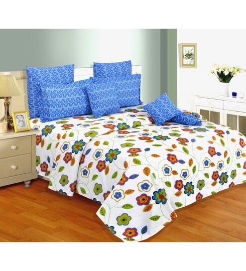 Buy Salona Bichona Blue Cotton Floral 4 Piece Double Comforter Set