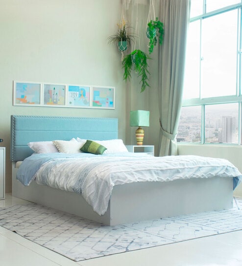 Samadhi  Queen Size Upholstered Bed In Blue Colour & White Colour With Box Storage