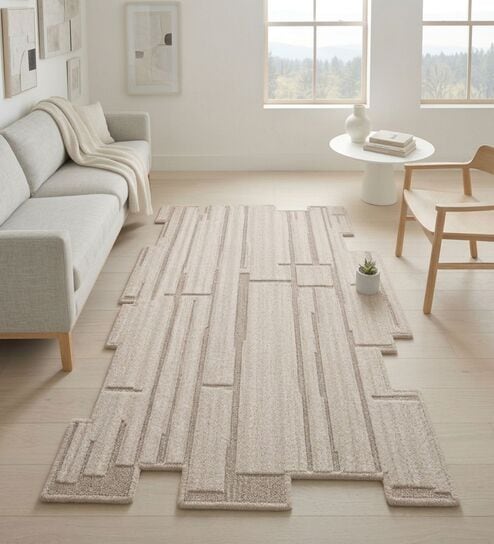 Sand Beige Natural Wool 8 X 5 Feet Machine Made Rectangle Carpet-image-14