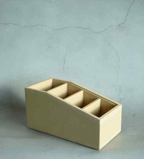 Sand Beige PU Leather Remote Control Holder Desk Organizer